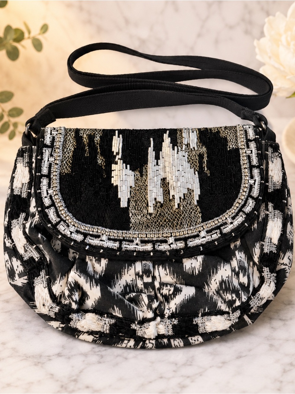 Chico's Embellished Beaded Black White Boho Shoulder Bag